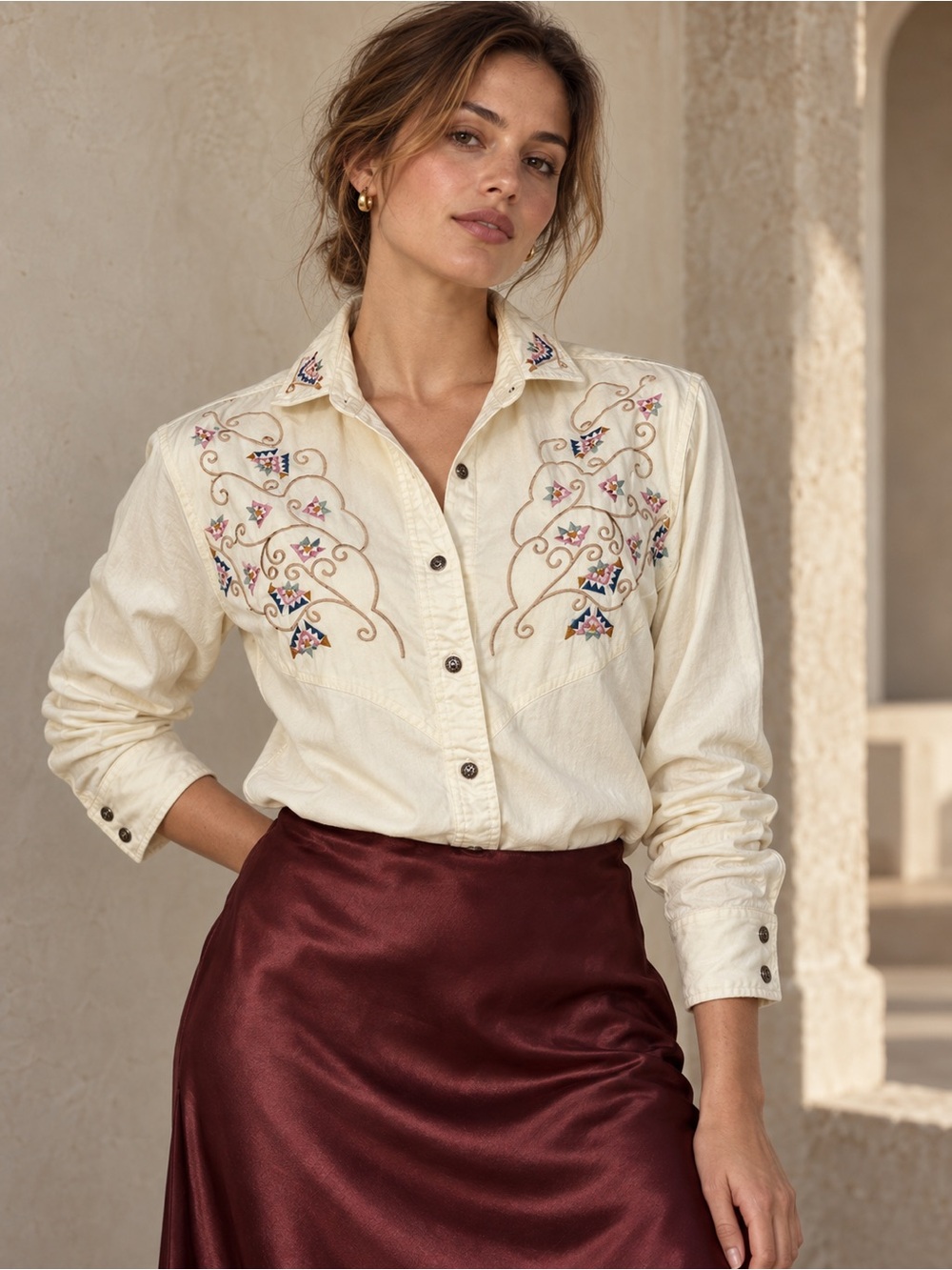 Vintage Wrangler Western Wear Embroidered Southwestern Button Down Ivory Medium